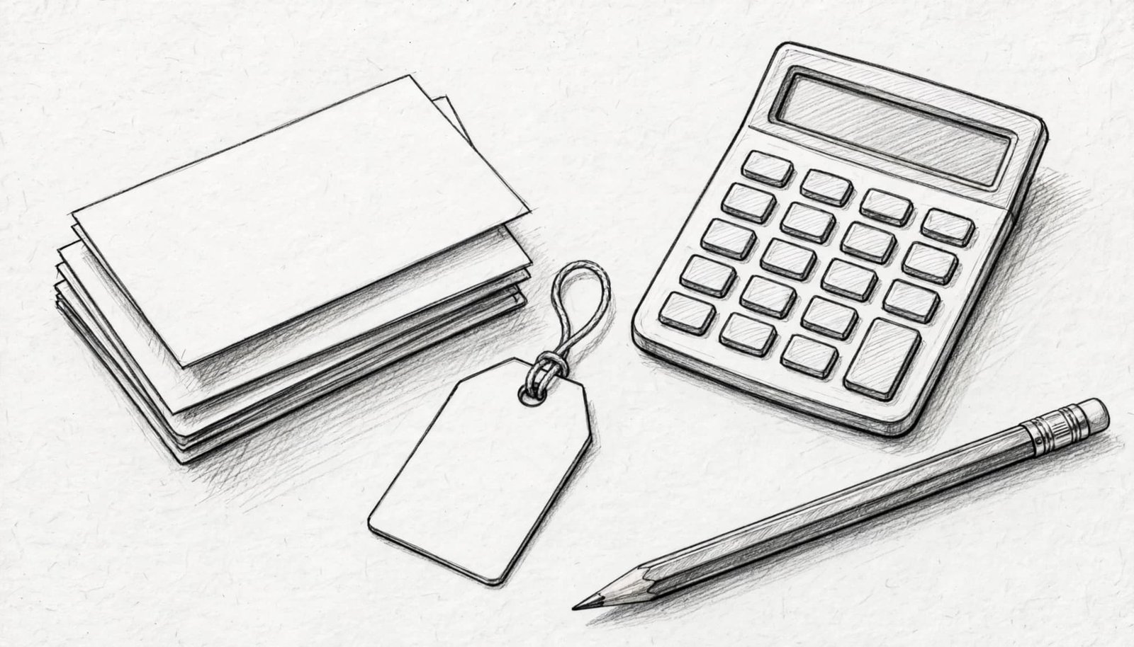 A graphite sketch of a stack of cards, a blank tag, a calculator, and a pencil.