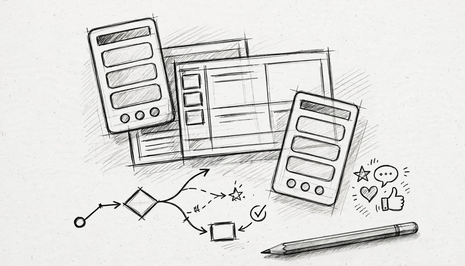 A pencil sketch of overlapping mobile and desktop wireframe panels with a decision tree and icons.