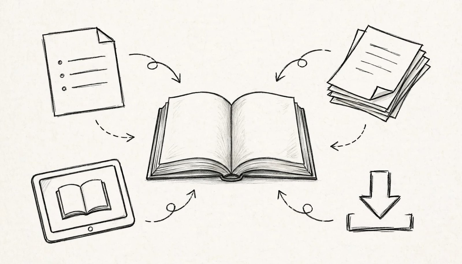 A hand-drawn sketch of an open book surrounded by workflow icons including pages, a tablet, and a download arrow. How to create an ebook.