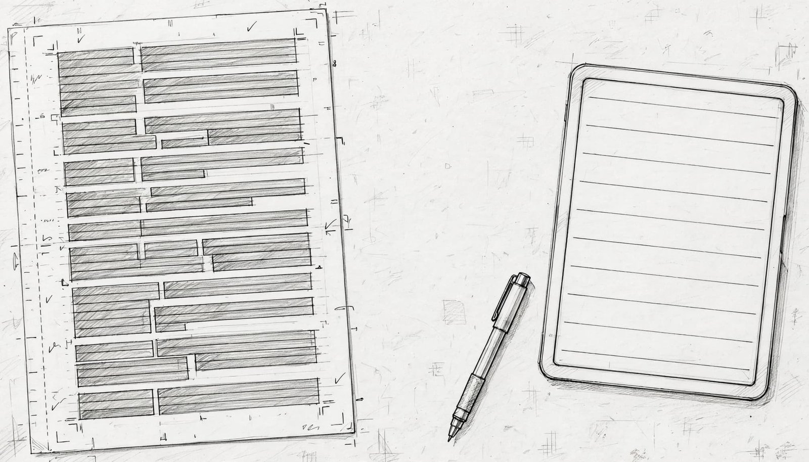 A graphite sketch of a manuscript layout, a blank tablet, and a pen on a desk.