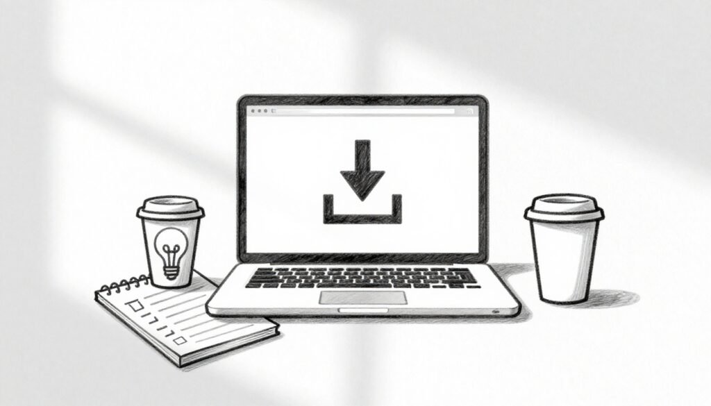 A graphite sketch of a laptop, planning notebook, and coffee cup on a clean desk.