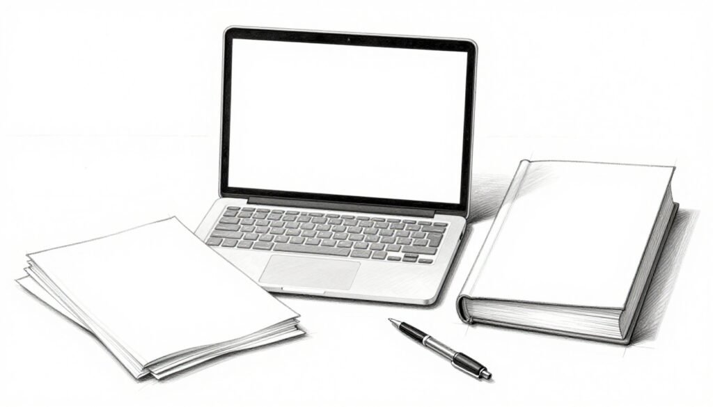 A laptop, manuscript pages, pen, and upright blank book on a tidy desk.