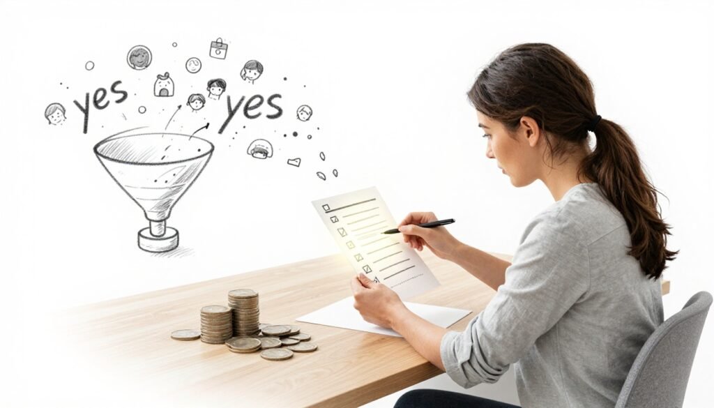 A woman examines a glowing checklist card at her desk.