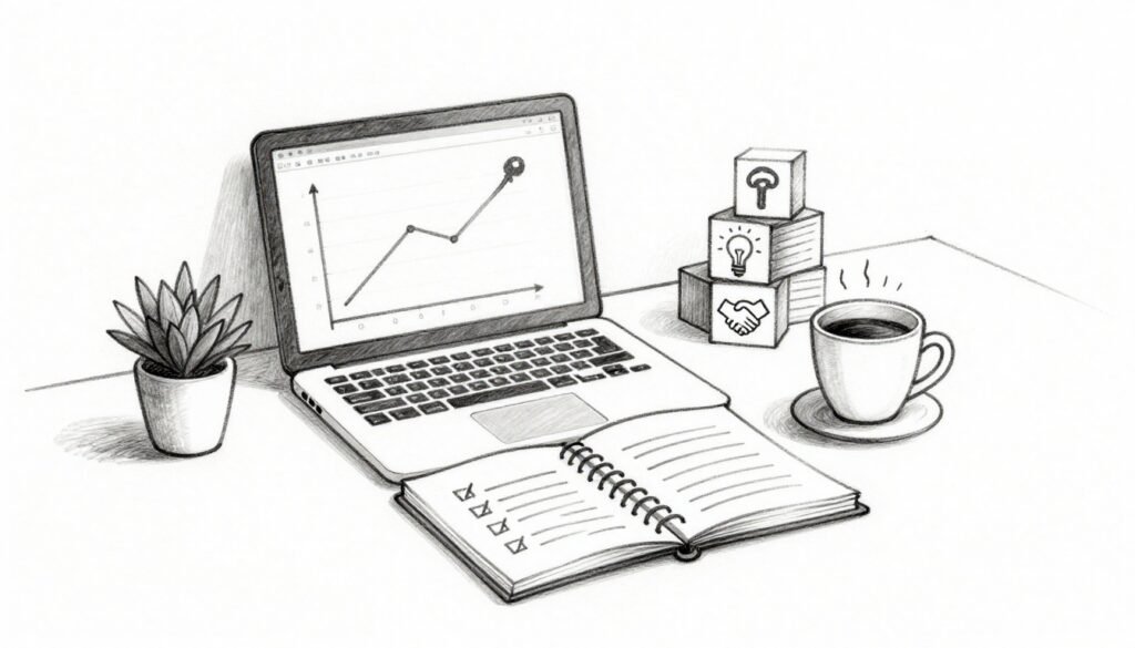 A laptop displaying a rising graph sits beside a checklist, coffee, plant, and three icon blocks.