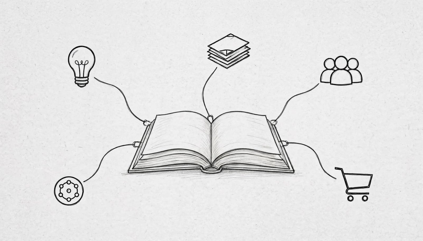 A pencil sketch of an open book with five lines branching out to icons.