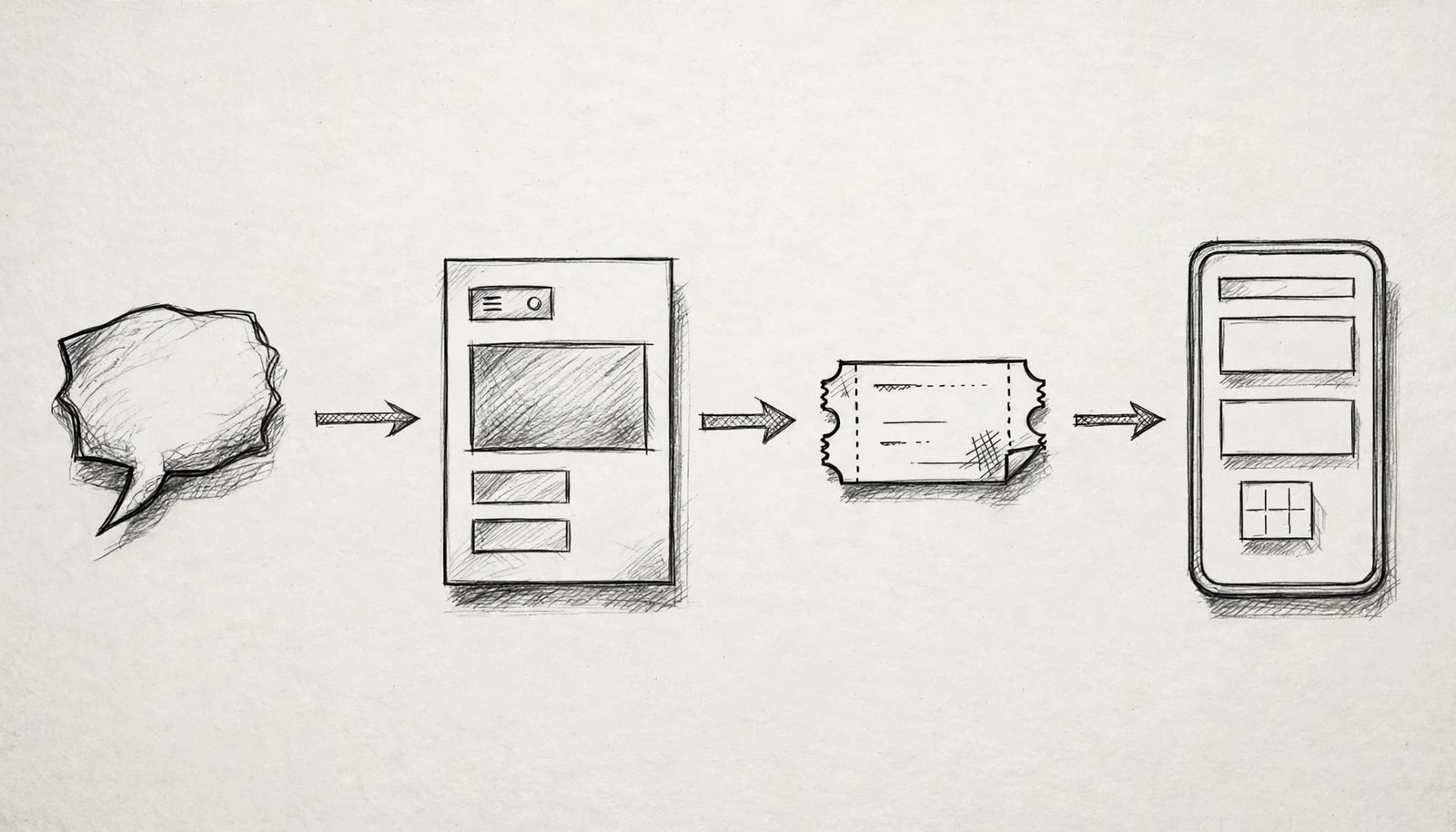 A graphite sketch of a validation progression with a speech bubble, landing page card, ticket, and phone screen.